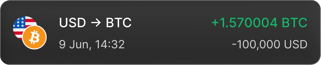 Transaction: USD to BTC, 9 Jun 14:32, +1.570004 BTC