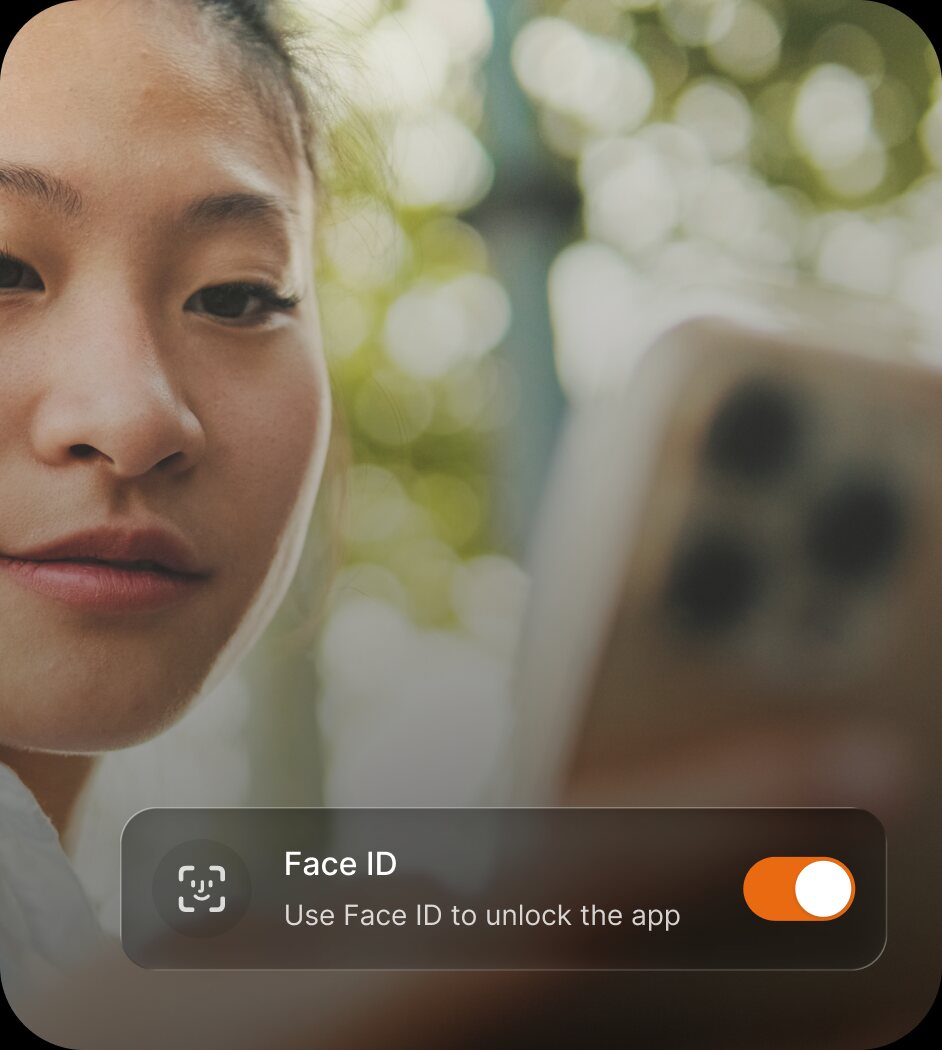 A person unlocking the app, with the Face ID setting overlaid